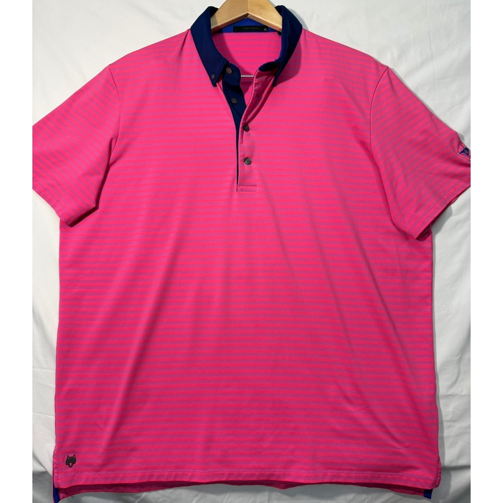 Greyson Golf‎ Polo Shirt Mens XL Pink Purple Stripe Navy Collar Performance